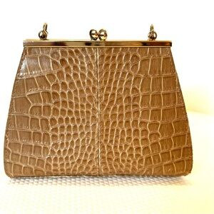 Vintage Mini Kiss Lock Liz Claiborne Small Tan Crocodile-Embossed Handbag Purse